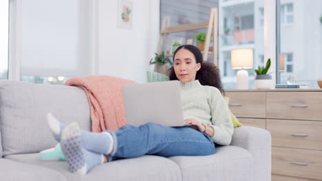 Woman-relax,-sofa-and-laptop-for-home-internet