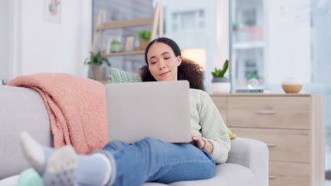 Woman-relax,-sofa-and-computer-for-home-internet