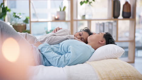 Sleep,-bed-and-lesbian-couple-relax-in-their-home