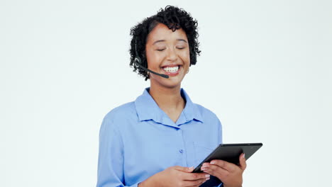 Tablet,-call-center-and-face-of-a-woman-in-studio