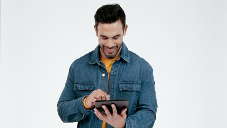 Man,-happy-and-tablet-for-social-media-in-studio
