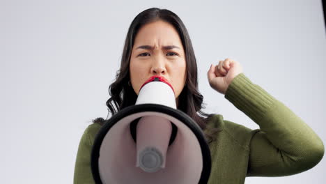 Asian-woman,-megaphone-and-voice-in-protest