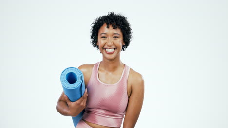 Fitness,-laugh-and-woman-face-with-yoga-mat