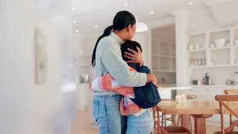 School-girl,-mom-and-hug-in-home