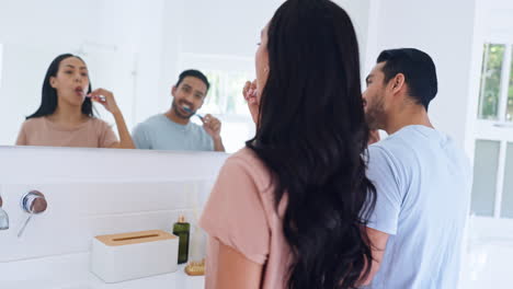 Brushing-teeth,-couple-and-bathroom-with-morning