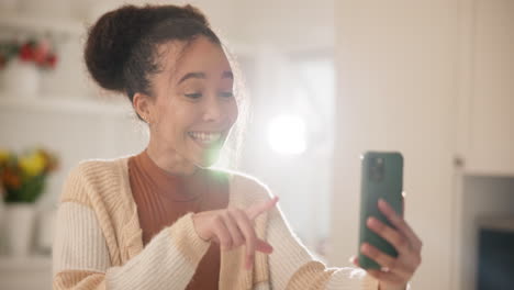 Home,-smile-and-woman-with-a-smartphone