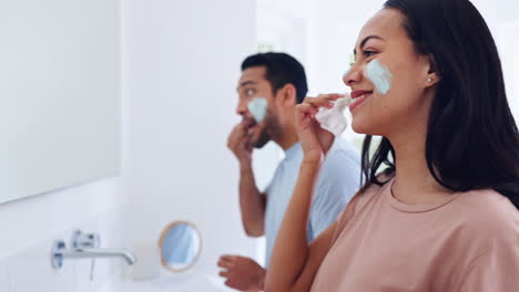 Skincare,-cream-and-couple-cleaning-in-bathroom
