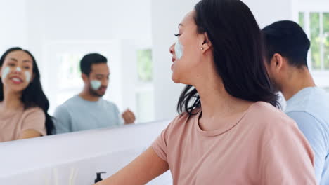 Skincare,-cream-and-couple-in-bathroom