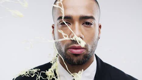 Mixed-race-man-silly-string-slow-motion-wedding-photo-booth-series