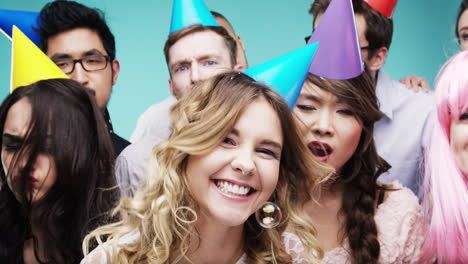 Multi-racial-group-of-happy-people-dancing-with-bubbles-slow-motion-party-photo-booth