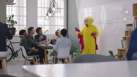 funny-business-meeting-team-leader-chicken-presenting-financial-market-strategy-on-whiteboard-corporate-management-team-sharing-creative-ideas-colorful-bird-boss-in-office-presentation
