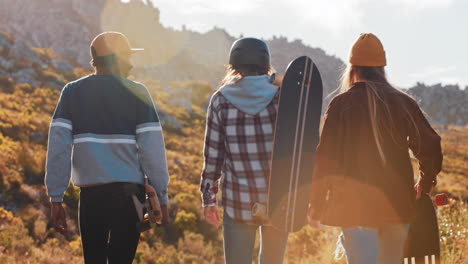 multi-ethnic-skater-friends-holding-longboards-hanging-out-together-enjoying-summer-vacation-longboarding-walking-on-countryside-road-having-conversation-rear-view