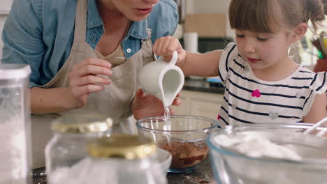 Schönes-Kleines-Mädchen-Hilft-Mutter-Beim-Backen-In-Der-Küche-Und-Mischt-Zutaten,-Backt-Schokoladen-Cupcakes-Und-Bereitet-Zu-Hause-Ein-Rezept-Vor