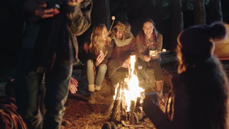 friends-sitting-by-campfire-young-man-playing-ukelele-singing-to-woman-enjoying-romantic-serenade-camping-in-forest-at-night