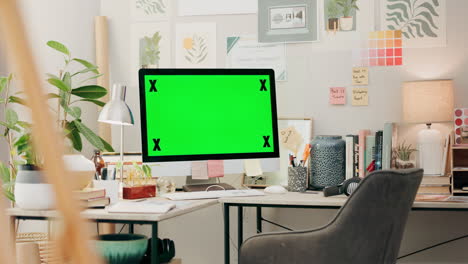 Büro,-Schreibtisch-Und-Computer-Mit-Grünem-Bildschirm