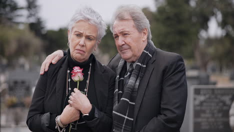 Funeral,-graveyard-and-sad-senior-couple-hug