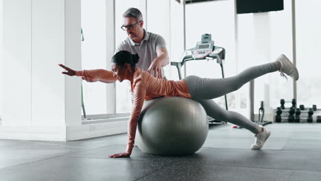Fitness,-exercise-ball-and-woman-with-personal