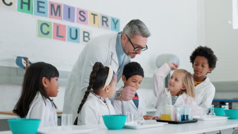 Raise-hands,-chemistry-and-teacher-with-children