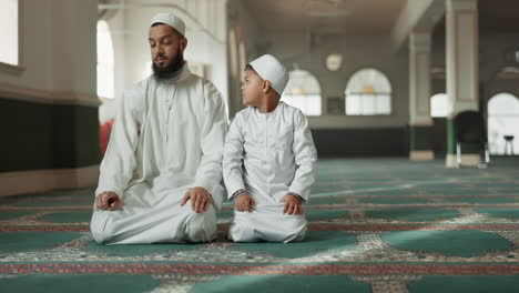 Muslim,-praying-and-father-with-child-in-Mosque