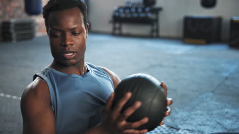 Fitness,-gym-and-black-man-on-floor-with-medicine