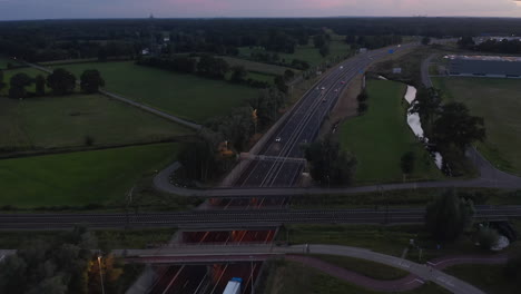 Aerial-Birds-Eye-View-of-Autobahn-freeway-at-Sunset