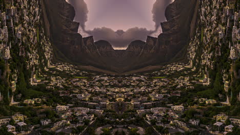 Town-development-and-mountain-range-in-background-twilight-hyperlapse.-Abstract-computer-effect-digital-composed-footage.