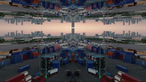 Stacked-overseas-containers-in-cargo-harbour-and-high-rise-buildings-in-background-against-pink-twilight-sky.-Abstract-computer-effect-digital-composed-footage.