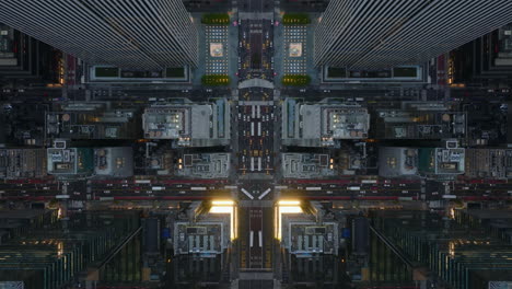 High-angle-view-of-busy-streets-under-high-rise-commercial-or-residential-buildings-at-twilight.-Abstract-computer-effect-digital-composed-footage.