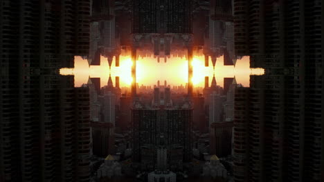 Fly-above-modern-urban-borough,-high-rise-buildings-against-sunrise-or-sunset-sky.-Abstract-computer-effect-digital-composed-footage.