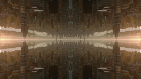 Forwards-fly-above-metropolis-in-sunset-time,-urban-borough-surrounded-by-water.-Abstract-computer-effect-digital-composed-footage.