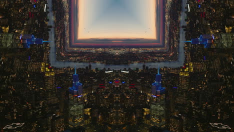 Aerial-panoramic-shot-of-modern-urban-borough-with-high-rise-buildings-at-twilight.-Abstract-computer-effect-digital-composed-footage.