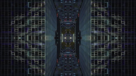 Traffic-on-downtown-street.-Busy-road-surrounded-by-tall-buildings.-Abstract-computer-effect-digital-composed-footage.