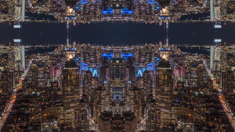 Fly-above-modern-downtown-at-night.-Hyperlapse-of-colourfully-illuminated-high-rise-buildings.-Abstract-computer-effect-digital-composed-footage.