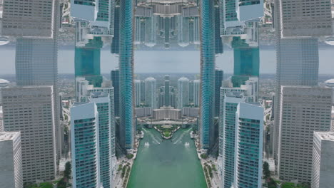 Hochhäuser-In-Modernen-Stadtbezirken-Am-Wasser.-Abstraktes-Digital-Zusammengesetztes-Filmmaterial-Mit-Computereffekt