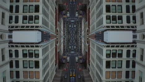 Vehicles-on-street-surrounded-by-tall-buildings.-Town-development-in-urban-borough.-Abstract-computer-effect-digital-composed-footage