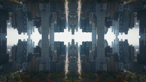 Downtown-skyscrapers-against-light-sky-and-autumn-colour-foliage-on-trees.-Abstract-computer-effect-digital-composed-footage