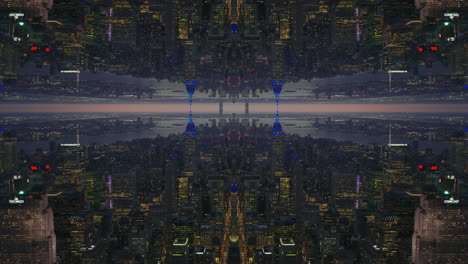 Aerial-panoramic-footage-of-modern-high-rise-buildings-in-metropolis-at-twilight.-Abstract-computer-effect-digital-composed-footage
