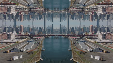 Forwards-fly-above-water-surface-in-industrial-borough,-downtown-skyscrapers-in-background.-Abstract-computer-effect-digital-composed-footage