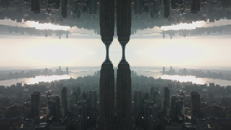 Aerial-panoramic-footage-of-metropolis-against-sunshine.-City-surrounded-by-water.-Abstract-computer-effect-digital-composed-footage