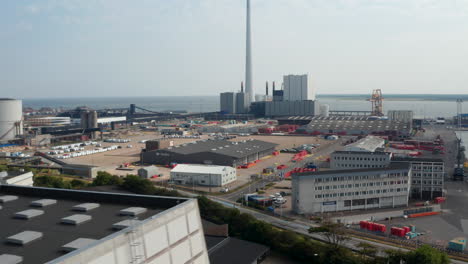Drone-view-of-the-harbor-in-Esbjerg,-Denmark.-Drone-view-focus-on-the-Esbjerg-Power-Station,-a-power-plant-that-will-not-longer-use-coal-as-fuel-by-2023
