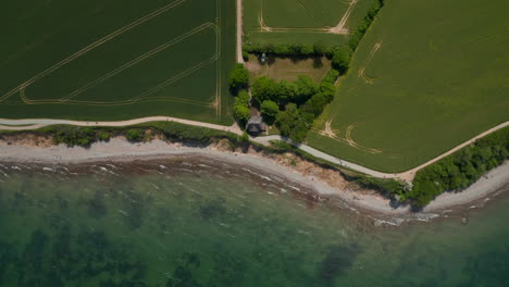 Aerial-birds-eye-overhead-top-down-view-of-Baltic-sea-coastline-with-countryside-green-field,-rising-up-above-house-rooftop,-sunny-day