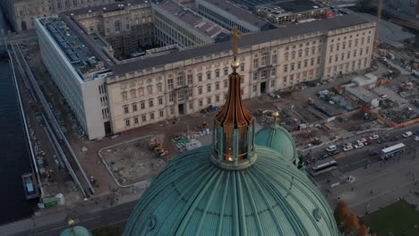 Orbiting-footage-around-dome-of-Berlin-Cathedral.-Aerial-view-of-Berlin-Palace-on-riverbank-of-Spree.--Berlin,-Germany.