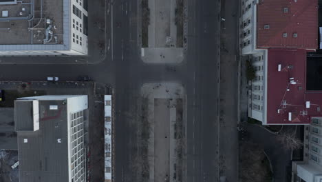 AERIAL:-Beautiful-Overhead-View-of-Berlin-Central-with-Pedestrians-on-Sidewalk-and-Car-Traffic