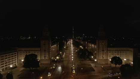 Aerial-View-of-Empty-Karl-Marx-Allee-Frankfurter-Tor-at-Night-with-No-People-in-Berlin,-Germany-during-COVID-19-Coronavirus-Pandemic