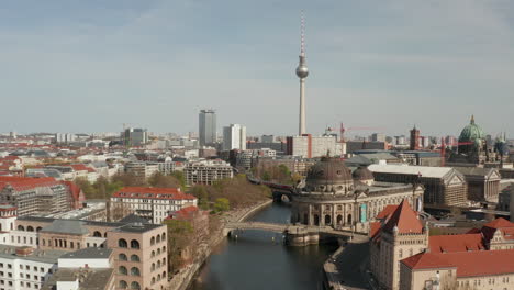 AERIAL:-Wide-View-of-Empty-Berlin-with-Spree-River-and-Museums-and-View-of-Alexanderplatz-TV-Tower-During-COVID-19-Coronavirus