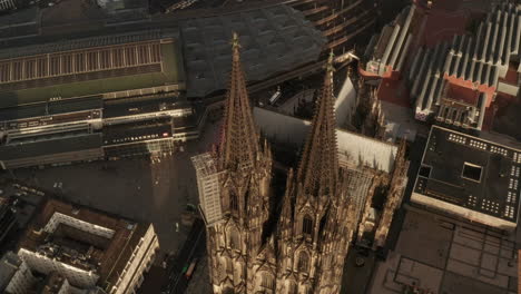 Aerial-footage-of-Cathedral-Church-of-Saint-Peter.-High-angle-view-of-amazing-gothic-landmark-in-city.--Cologne,-Germany