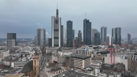 Forwards-fly-above-town-development.-Group-of-modern-downtown-skyscrapers-in-financial-and-economic-centre.-Frankfurt-am-Main,-Germany