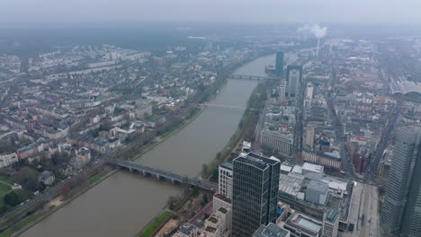 Aerial-panoramic-view-of-river-flowing-through-city.-Residential-and-industrial-boroughs.-Frankfurt-am-Main,-Germany