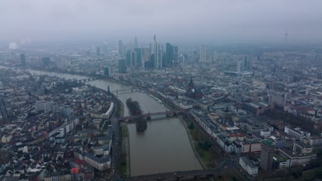Aerial-panoramic-view-of-large-city.-Bridge-over-wide-river-connecting-boroughs-on-banks.-Group-of-skyscrapers-in-business-centre.-Frankfurt-am-Main,-Germany