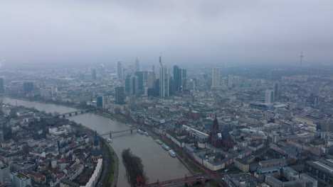 Aerial-panoramic-hazy-view-of-city.-Historic-landmarks-of-modern-business-office-towers.-River-passing-under-bridges.-Frankfurt-am-Main,-Germany